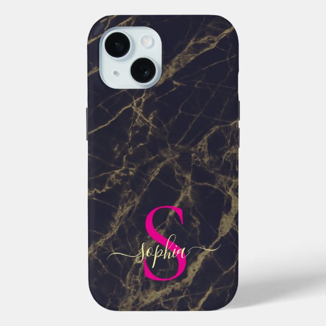black  marble gold glitter monogram Case-Mate iPhone case (Back)