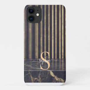 black marble gold glitter monogram iPhone 11 case