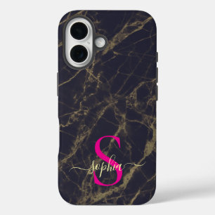 black marble gold glitter monogram iPhone 16 case
