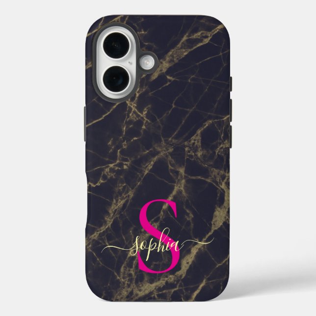 black  marble gold glitter monogram Case-Mate iPhone case (Back)