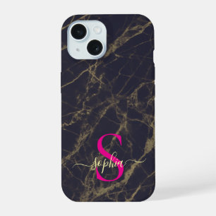 black marble gold glitter monogram iPhone 15 case