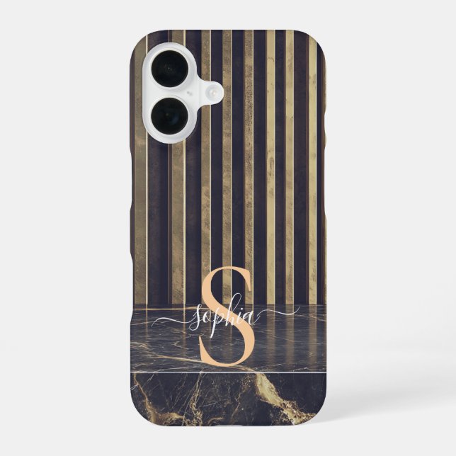 black marble gold glitter monogram iPhone 16 case (Back)