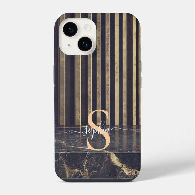 black marble gold glitter monogram iPhone case (Back)