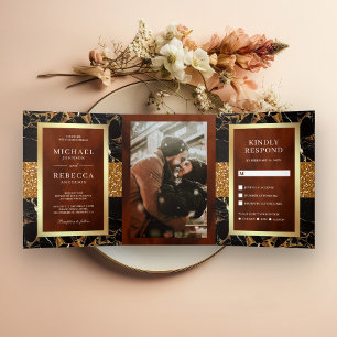 Black Marble Gold Glitter Terracotta Wedding Tri-Fold Invitation