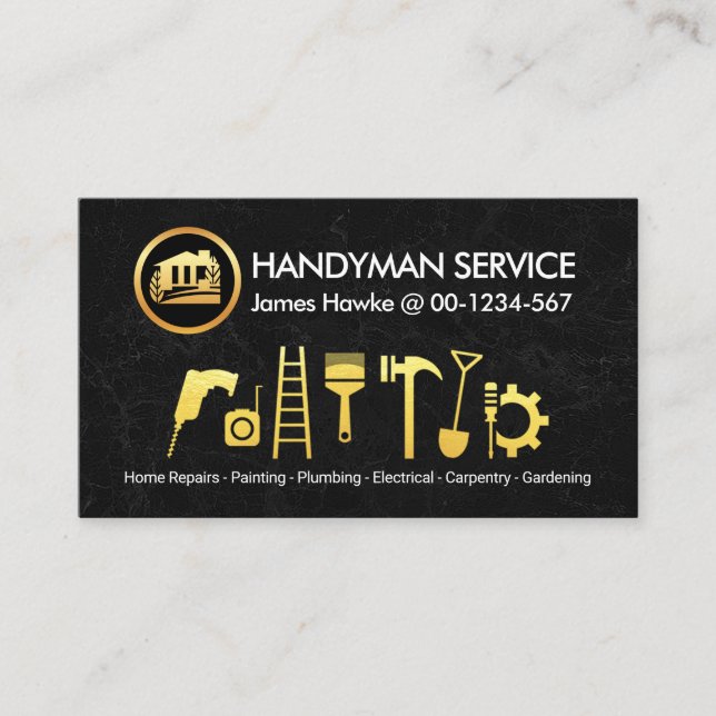 Black Marble Gold Handyman Tools Business Card (Front)