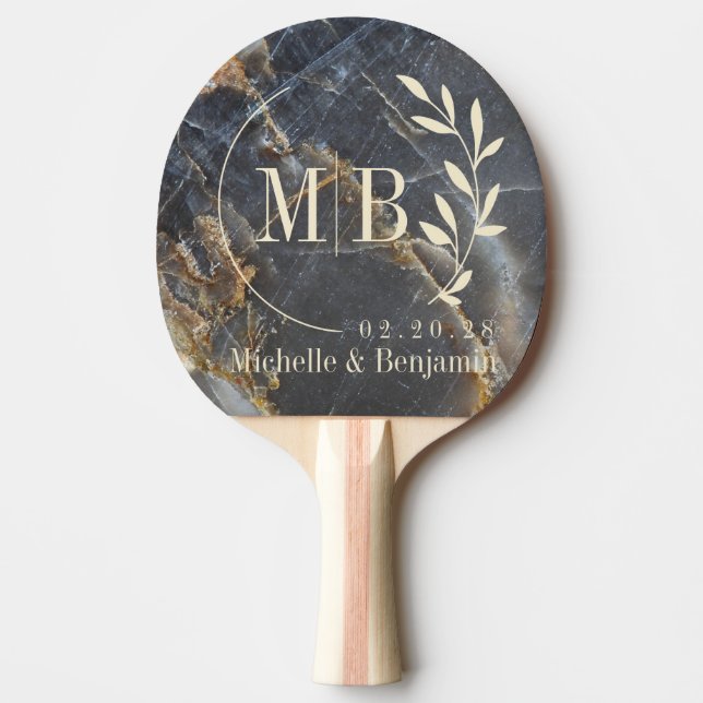 Black Marble & Gold Stone Leaf Wedding Monogram Ping Pong Paddle (Front)