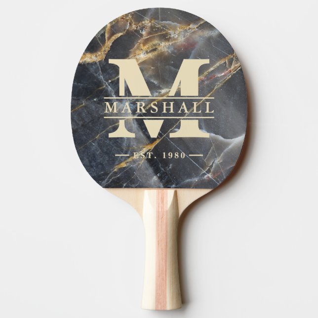 Black Marble & Gold Stone Monogram & Name Overlay Ping Pong Paddle (Back)