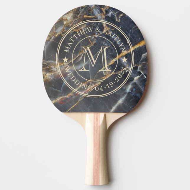 Black Marble & Gold Stone Wedding Monogram Star Ping Pong Paddle (Front)
