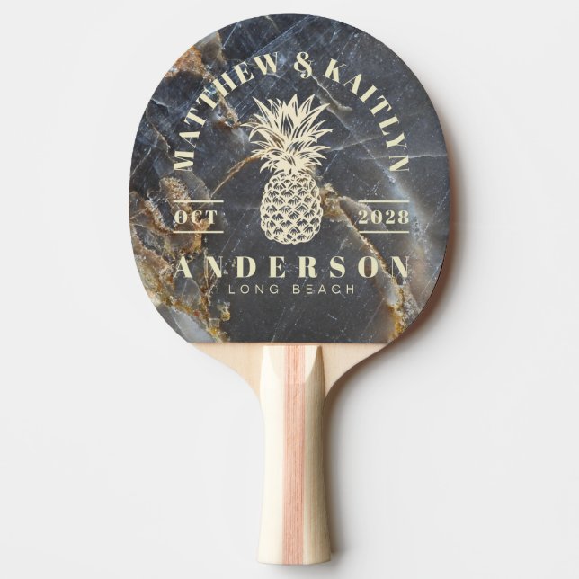Black Marble Gold Tropical Pineapple Wedding Crest Ping Pong Paddle (Front)