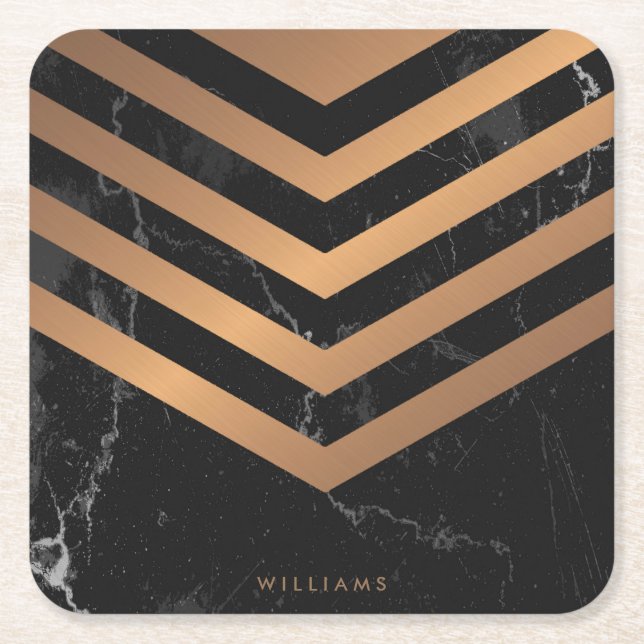 Black Marble Golden Abstract Square Paper Coaster (Front)