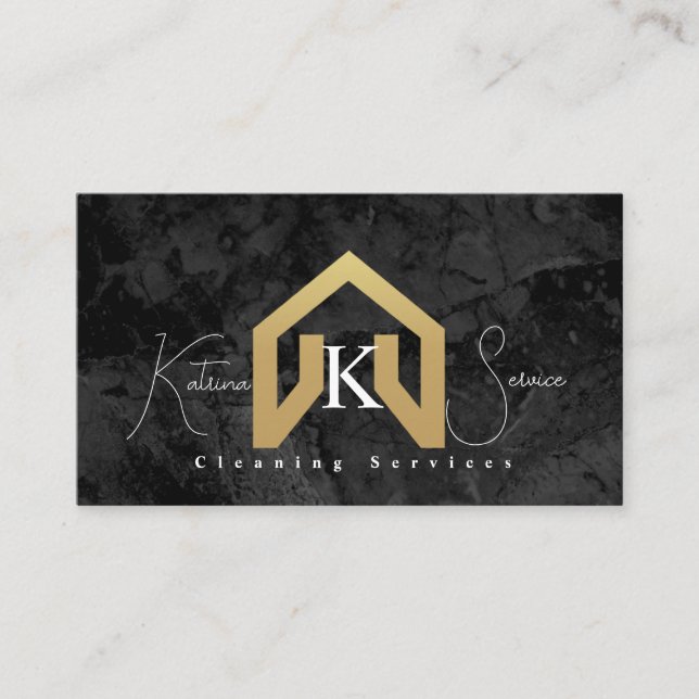 black marble golden house design cleaning service  business card (Front)