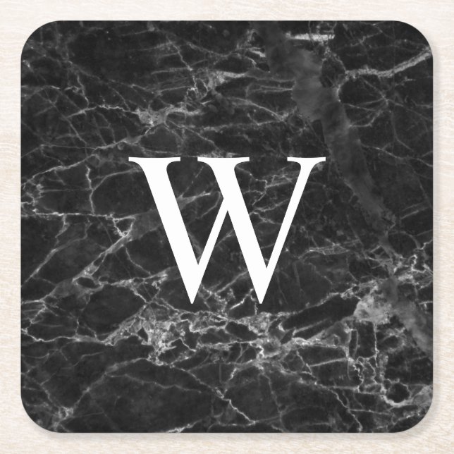 Black Marble Initial Square Paper Drink Coaster (Front)