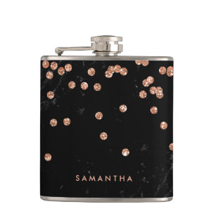 Black Marble Look with Faux Rose Gold Confetti Hip Flask