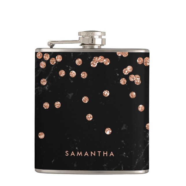 Black Marble Look with Faux Rose Gold Confetti Hip Flask (Front)