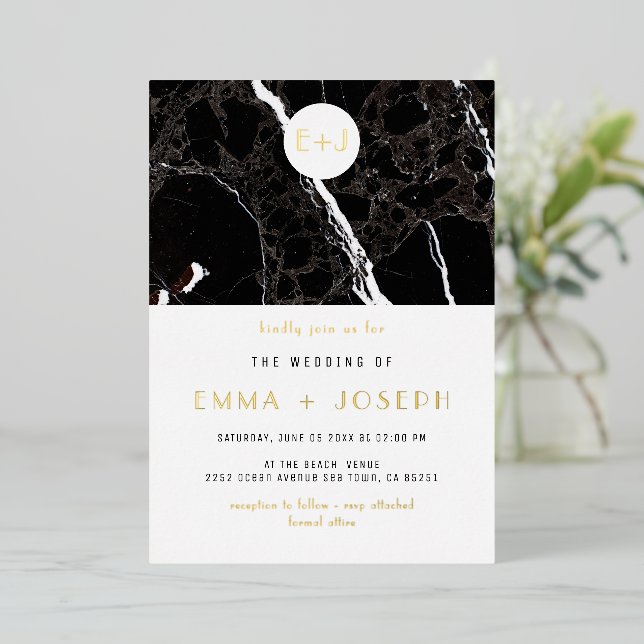 Black Marble Modern Simple Wedding Gold Foil (Standing Front)