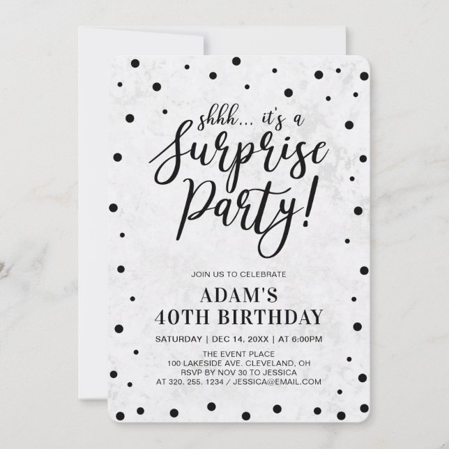 Black & Marble | Modern Surprise Birthday Party Invitation (Front)