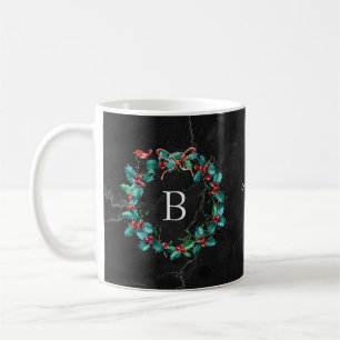 Black Marble Monogram Christmas Wreath Coffee Mug