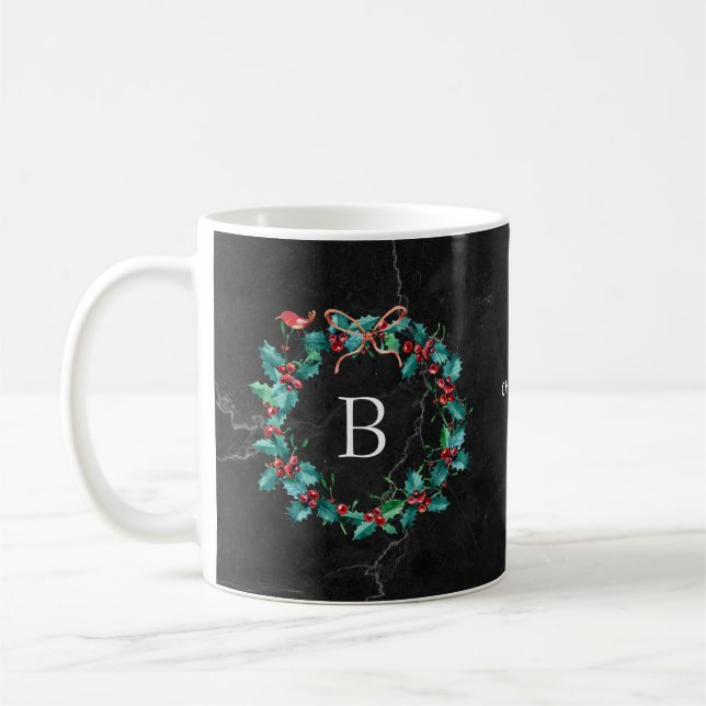 Black Marble Monogram Christmas Wreath Coffee Mug (Left)