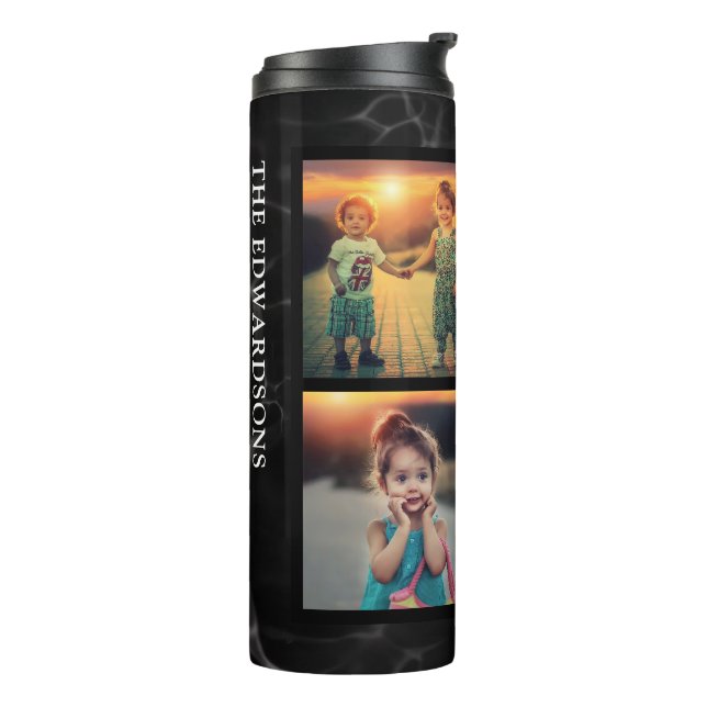 Black marble pattern family photo collage monogram thermal tumbler (Rotated Left)