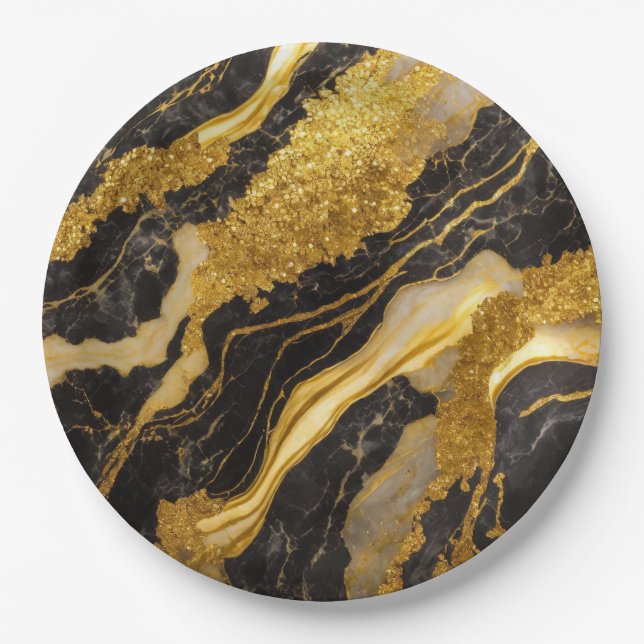 Black Marble Pattern with Gold Paper Plate (Front)