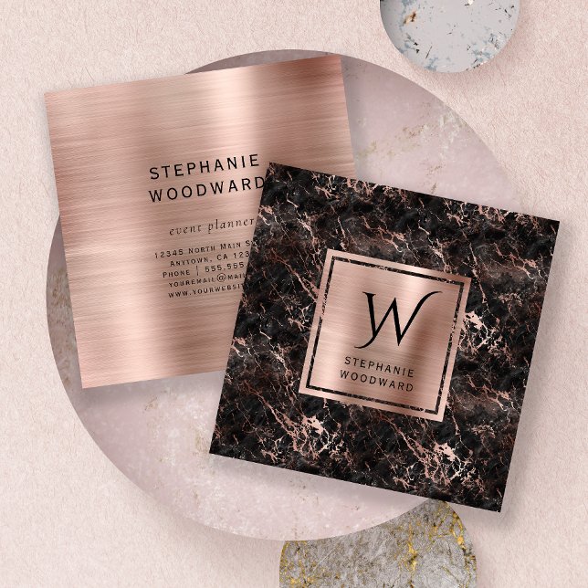 Black Marble Rose Gold Brushed Foil Monogram Square Business Card (Creator Uploaded)
