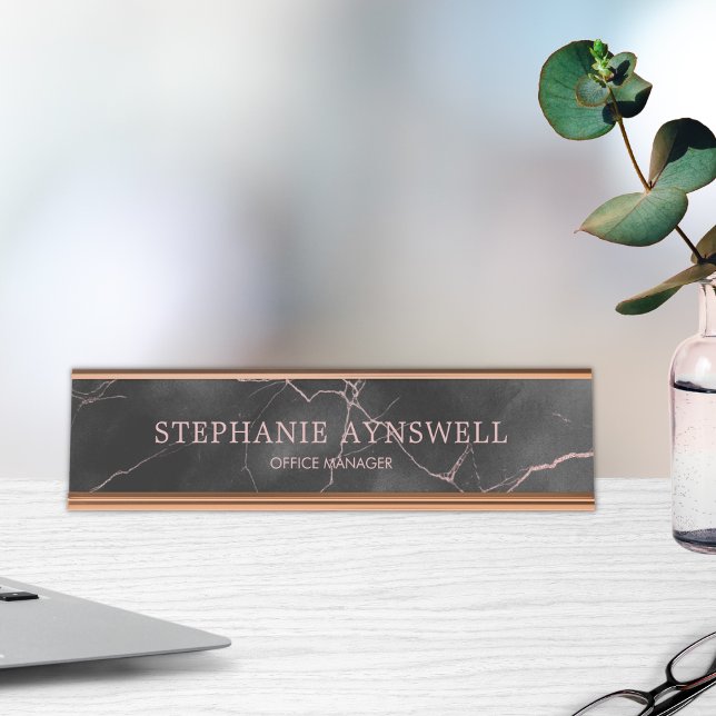Black Marble Rose Gold Elegant Modern Desk Name Plate (Creator Uploaded)