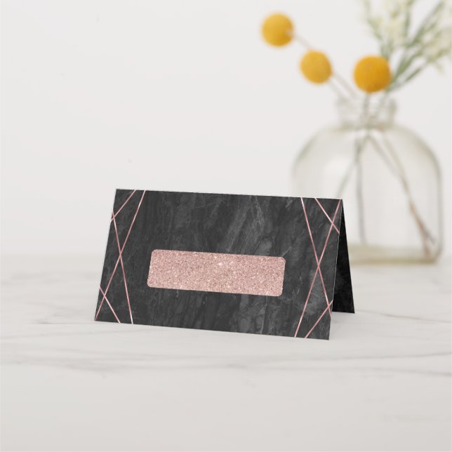 Black Marble Rose Gold Lines Geo Table Seating Place Card (Front)