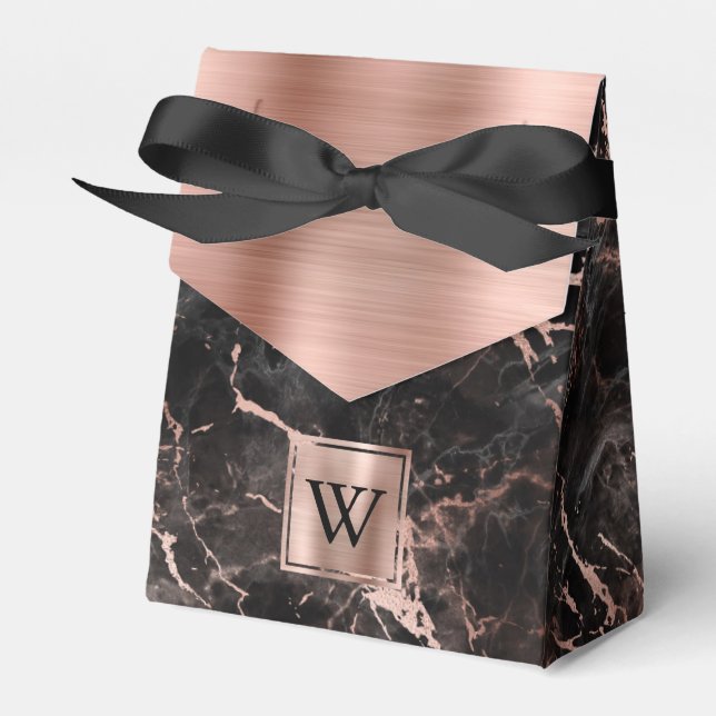 Black Marble Rose Gold Monogram Favour Box (Front Side)