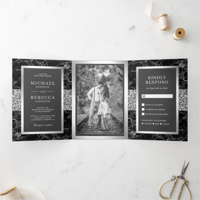 Black Marble Silver Glitter Dark Grey Wedding Tri-Fold Invitation (Inside)