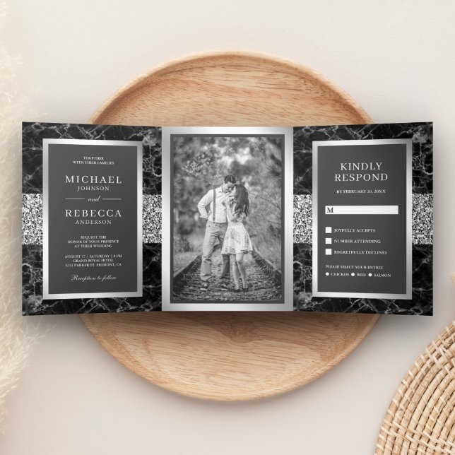 Black Marble Silver Glitter Dark Grey Wedding Tri-Fold Invitation (Creator Uploaded)