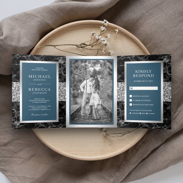 Black Marble Silver Glitter Dusty Blue Wedding Tri-Fold Invitation (Creator Uploaded)