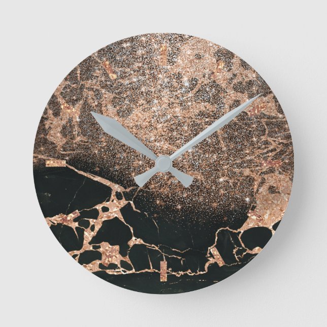 Black Marble Stone Rose Gold Copper Glitter Round Clock (Front)