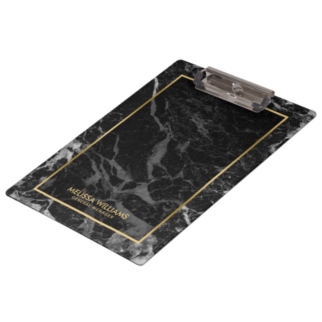 Black Marble Stone Texture Gold Border Clipboard (Angled)