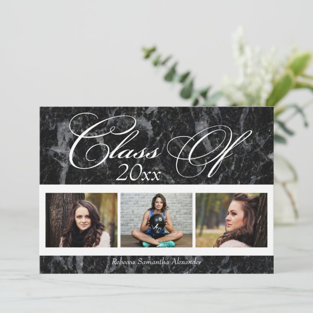 Black Marble Swirl 3-Photo Graduation Announcement (Standing Front)
