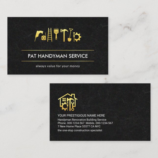 Black Marble Texture Gold Handyman Tools Lines Business Card (Front/Back)