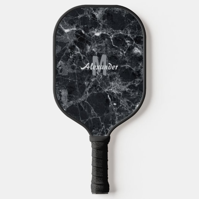 Black Marble Texture Monogram Name Pickleball Paddle (Front)