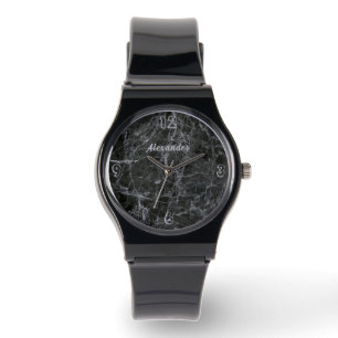 Black Marble Texture Monogram Name Watch