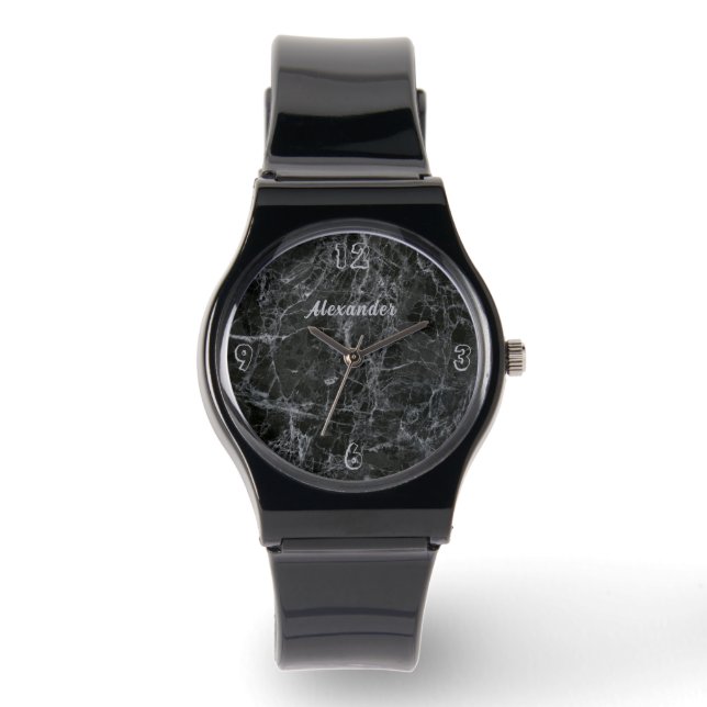 Black Marble Texture Monogram Name Watch (Front)
