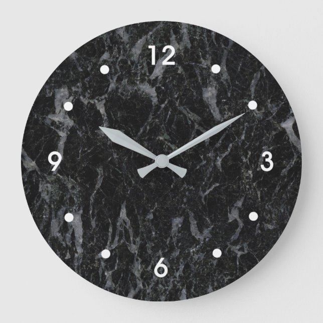 Black Marble Veined with Grey Image White Numbers Large Clock (Front)