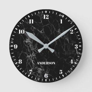 Black Marble White Custom Name Classic Numbers Round Clock