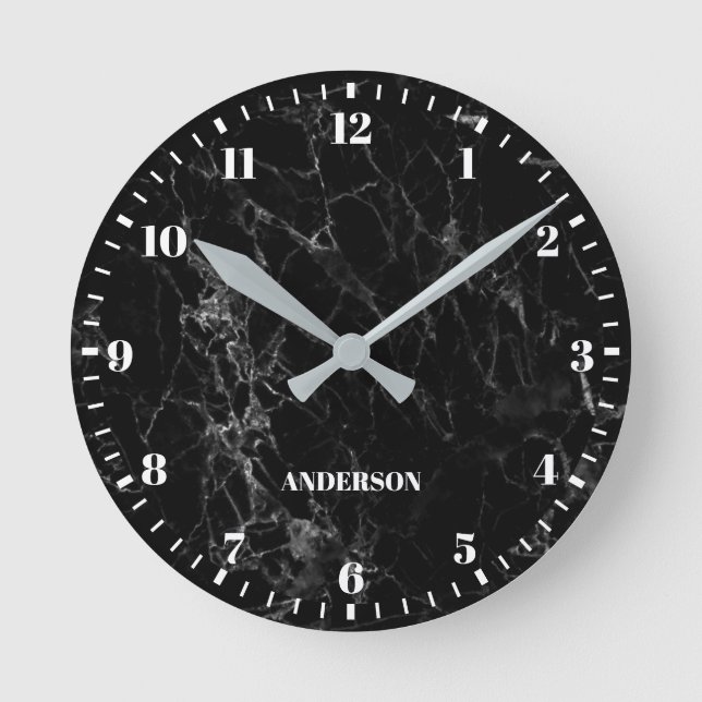 Black Marble White Custom Name Classic Numbers Round Clock (Front)
