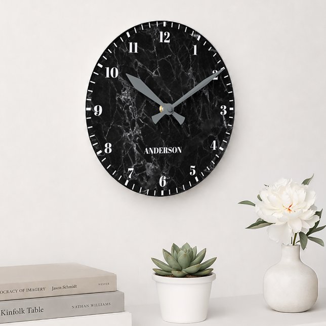 Black Marble White Custom Name Classic Numbers Round Clock (Creator Uploaded)