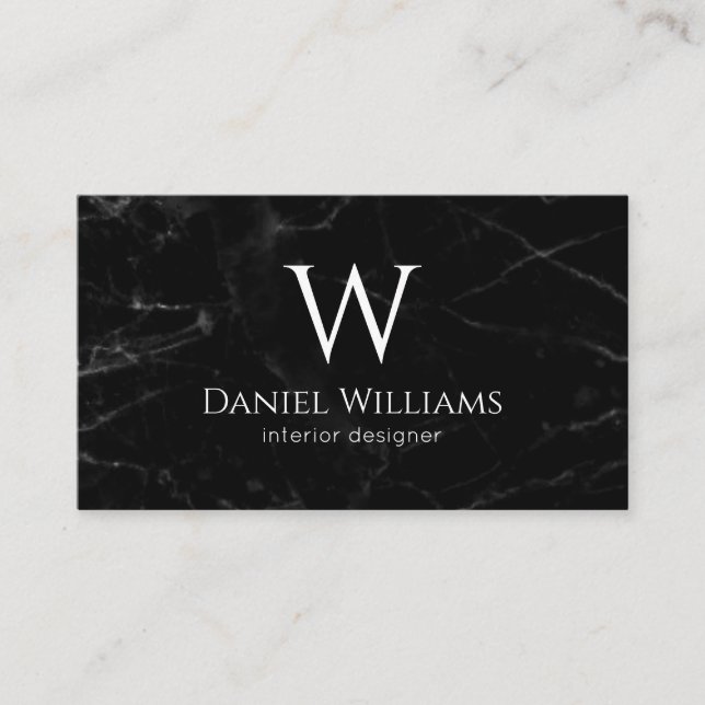 Black Marble White Monogram Modern Elegant Business Card (Front)
