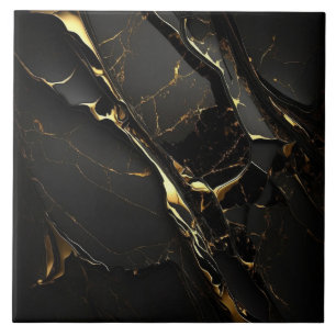 Black Marble with Diagonal Gold Streaks Ceramic Tile