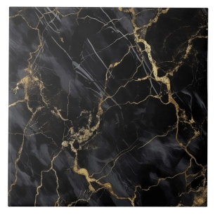 Black Marble with Fine Grey and Gold Veins Ceramic Tile
