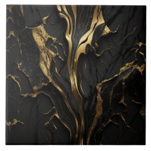 Black Marble with Flowing Gold Ribbons Ceramic Tile