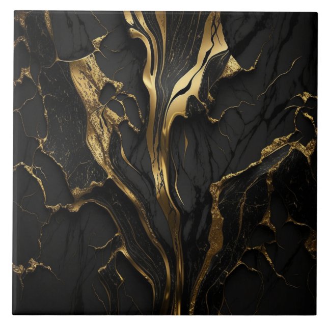 Black Marble with Flowing Gold Ribbons Ceramic Tile (Front)