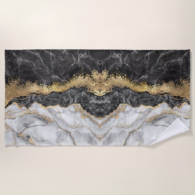 Black Marble with Gold Pretty Beach Towel (Front)