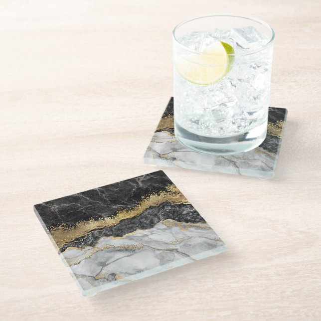 Black Marble with Gold Pretty Glass Coaster (Angled)