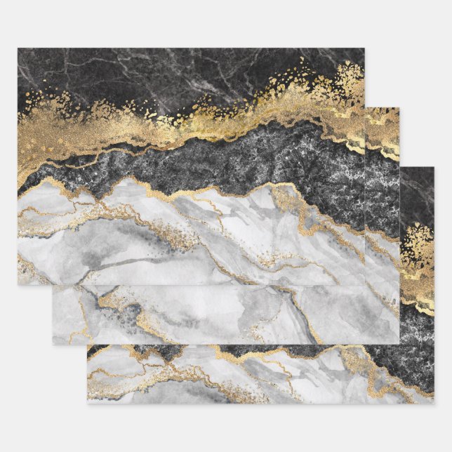 Black Marble with Gold Pretty Wrapping Paper Sheet (Set)
